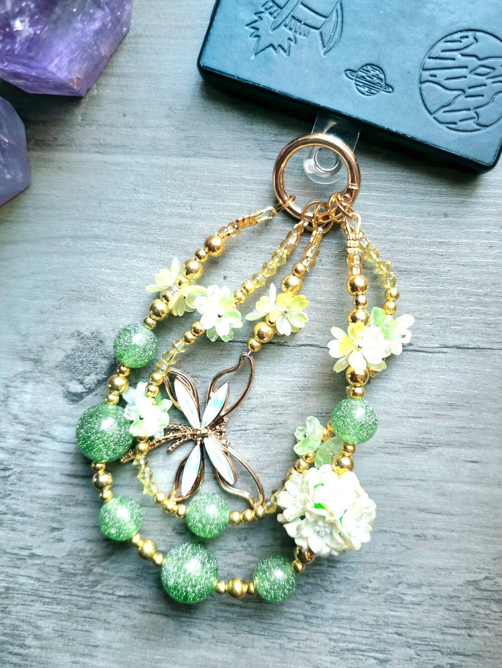 Dragonfly Centered Trendy Fairycore Green Chunky Glittered Bead Phone Charm